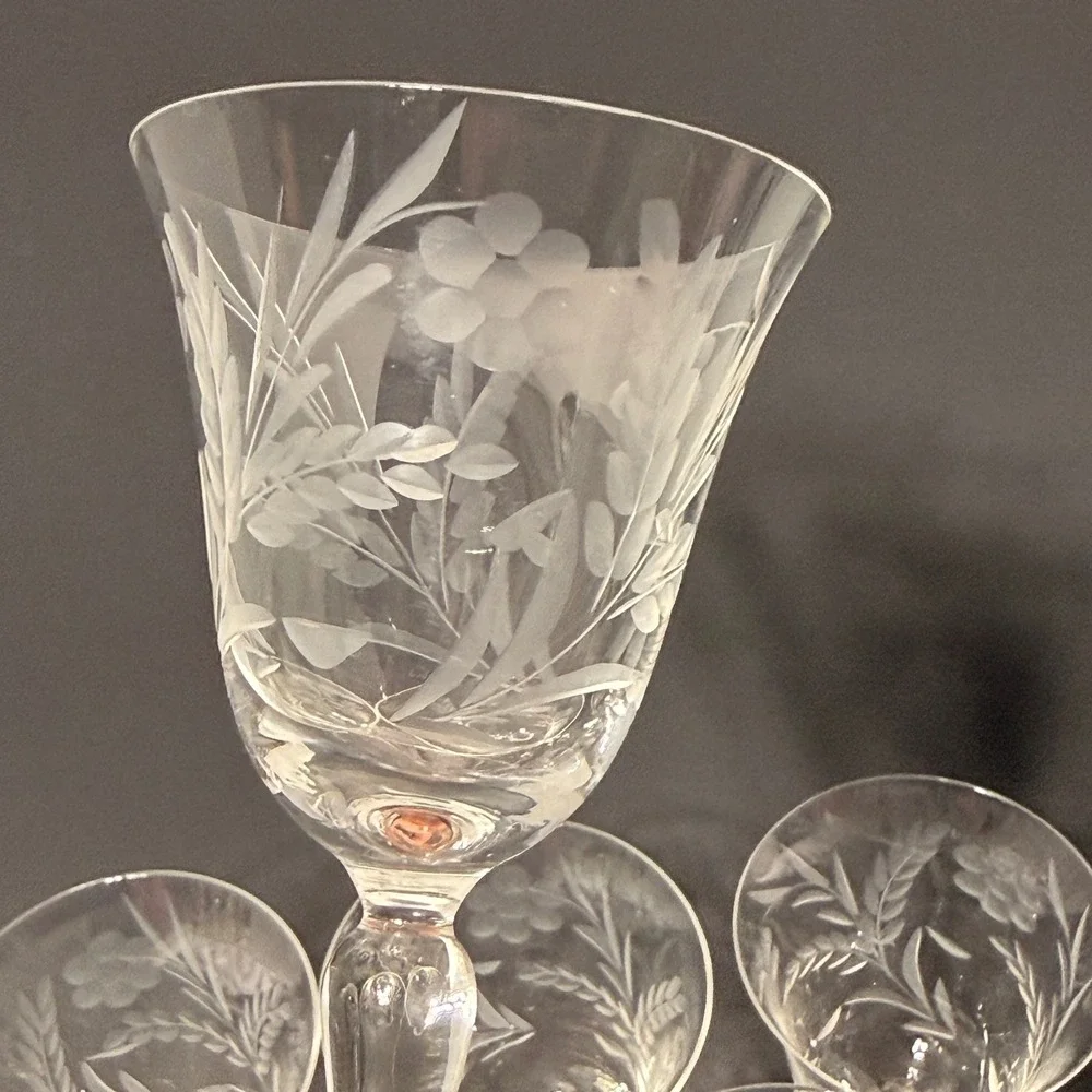 Vintage Etched Crystal Cordial Sherry Glasses Floral Leaf Long Stem Set of 8